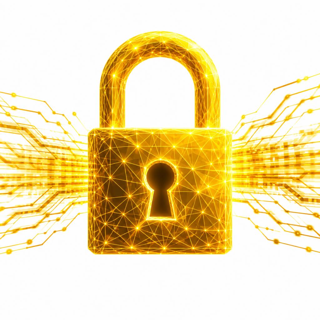 Golden wireframe padlock with data streams representing encrypted account delivery